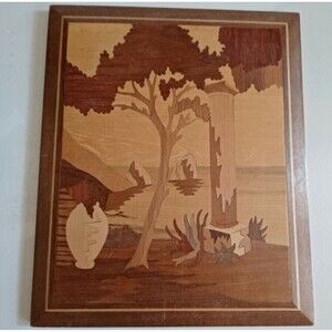 Vintage Mixed Wood Marquetry Picture  Landscape A Gargiulo & Jannuzzi Italy Art